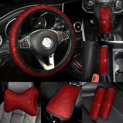 Fashion Red Diamond Rhinestone Car Interior Accessories Series Crystal Auto Steering Wheel Covers Bling Decor For Women