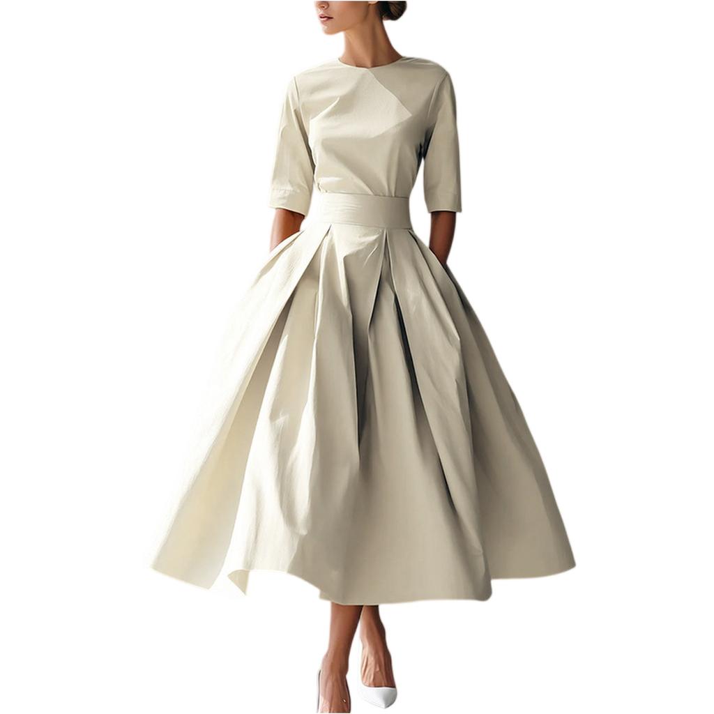 Elegant Women's Midi Dress with Waist Belt and Flared Skirt Classic Round Neck Half Sleeve Formal Wear for Various Occasions