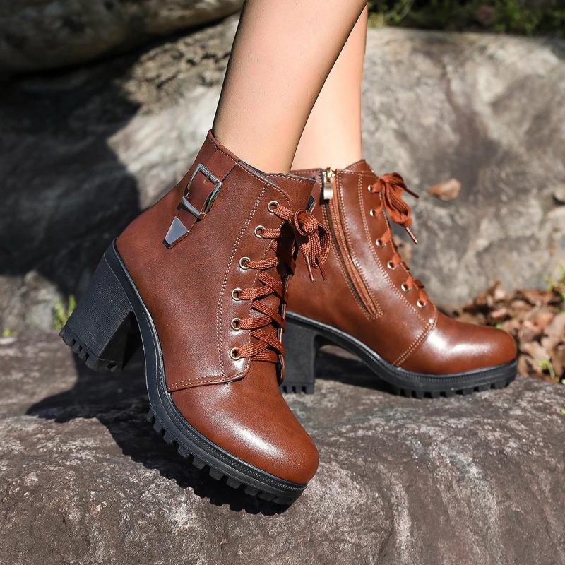 Women Boots Fashion Luxury Lace Up Ankle Boots Platform Artificial Leather High Heels Shoes Women New Trend Retro Outdoor Boots