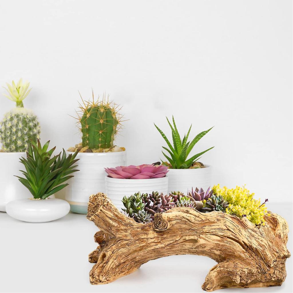 Artificial Driftwood Log Planter Resin Vintage Flower Pot for Home Garden Decoration Desktop Window Sill