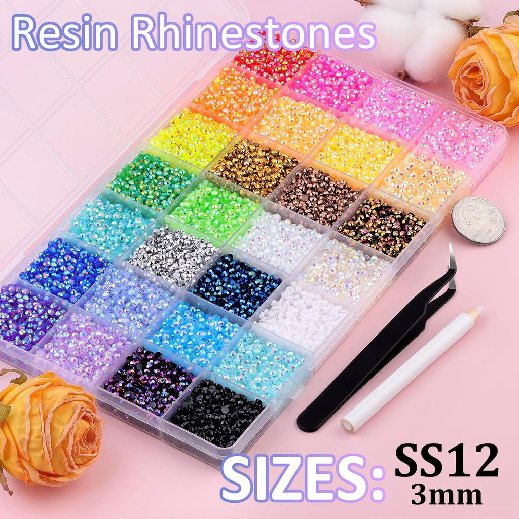 Nail Kit 32000Pcs Resin Rhinestones Bedazzling Kit with Tweezers for Multicolor 3mm Crystal with 3Pcs 10ml Glue Art Crafting