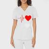 European & American Heartbeat Love Print Nurse Uniform, V-Neck, Double Pocket, Short-Sleeve T-Shirt, Large Size