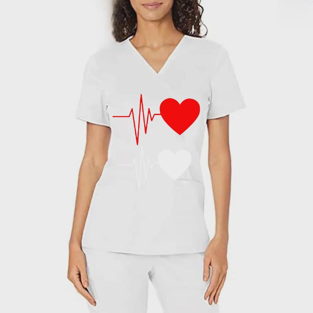 European & American Heartbeat Love Print Nurse Uniform, V-Neck, Double Pocket, Short-Sleeve T-Shirt, Large Size