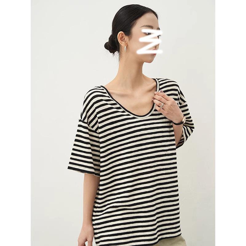 Уникальный дизайн свободная полосатая футболка с V-образным вырезом с коротким рукавом женская летняя пикантная облегающая женская майка S
