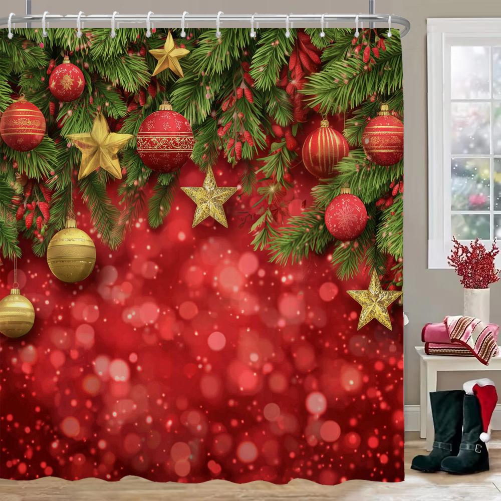 Christmas Shower Curtain, Red Christmas Snowflake Bell Bathroom Curtain Decoration Set With Hook Fabric Christmas Gift