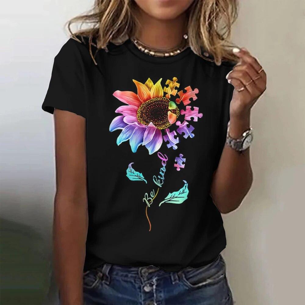Fashion Floral Pattern 3D Digital Printing Women's Comfortable Round Neck Short Sleeved T-shirt