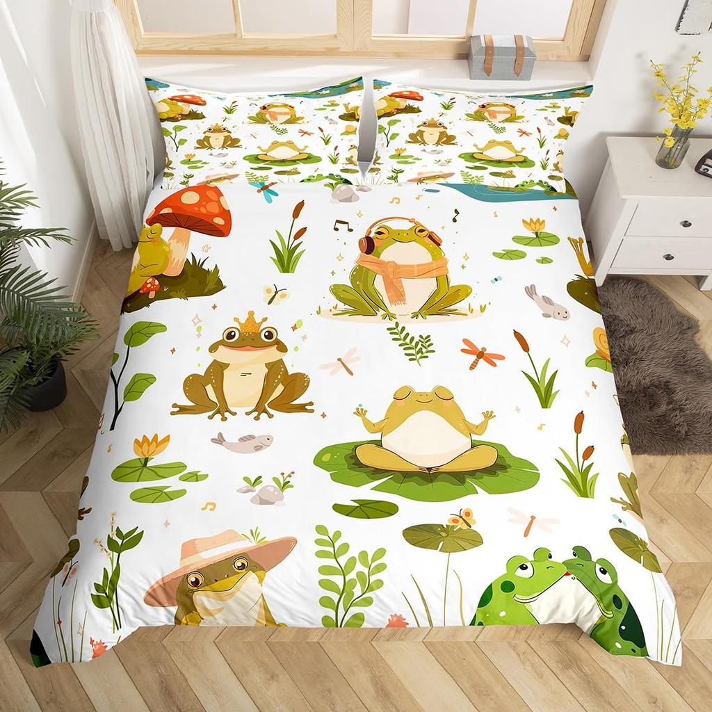 Cartoon Mushroom Frog Duvet Cover Twin Size,Cute Kawaii Green Animal Comforter Cover Maple Leaves Hazelnut Plant Quilt Cover