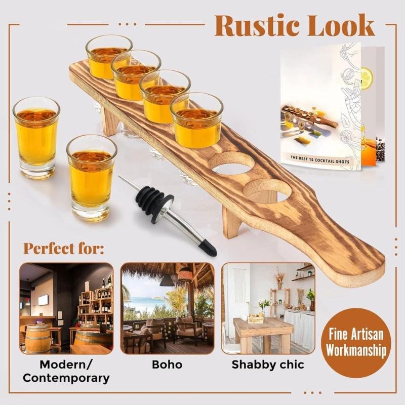 6 Holes Wooden Stand for Tequila Shot Glasses Presentation Tray Large Capacity Display Storage Solution