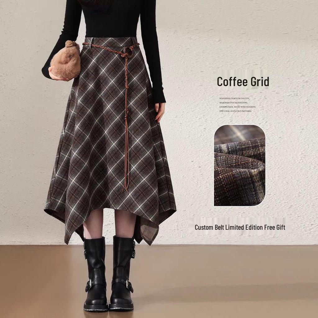 Women's Retro Irregular Plaid Woolen A-line Long Skirt - Autumn/Winter 2025 Collection