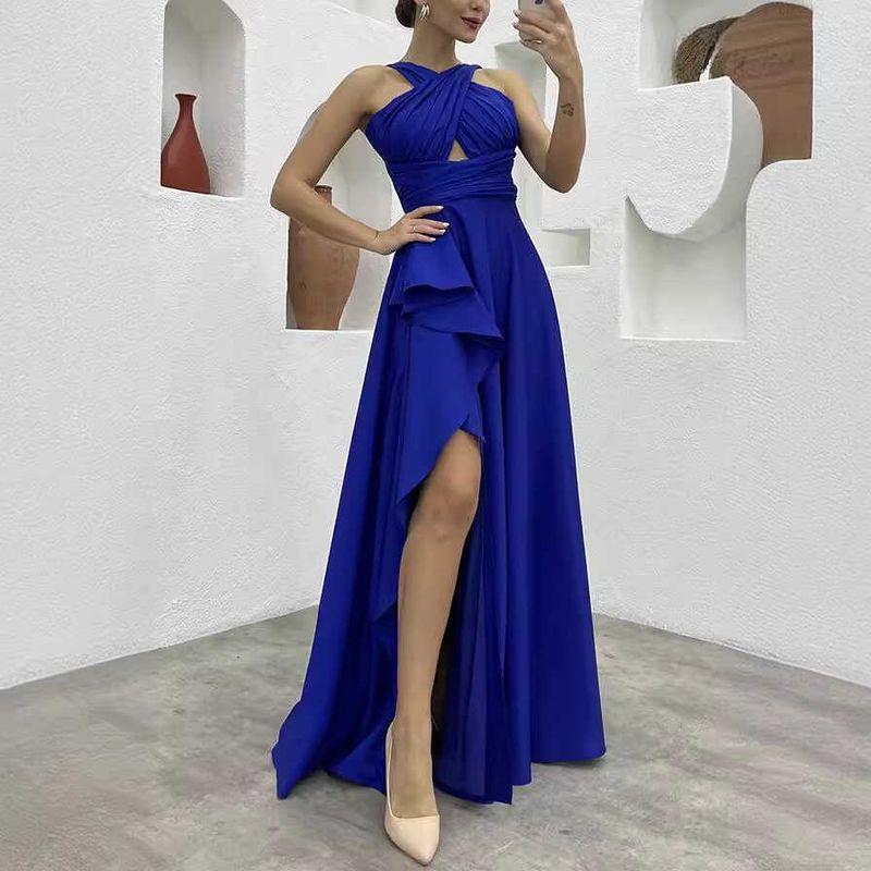 Irregular Long Dress European and American Sexy Sleeveless Pure Color Asymmetrical Maxi Dress Formal Dress for Women