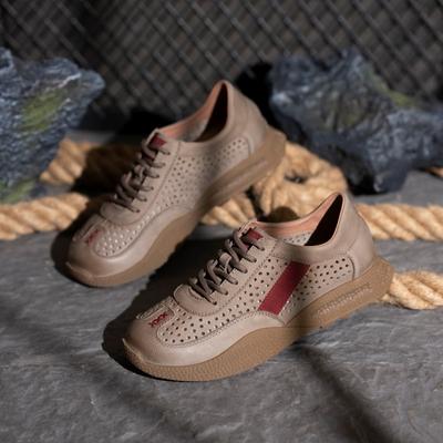 Summer Low-top Hollow Casual Shoes Men's Soft and Delicate First-layer Cowhide Shoes Retro Lace-up Sports Shoes