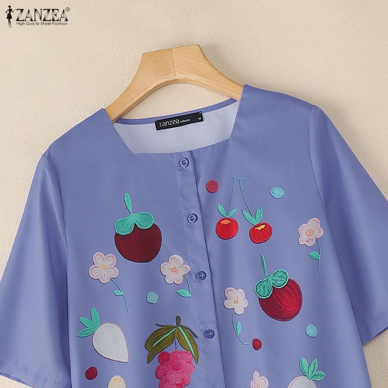 ZANZEA Women Square Collar Casual Short Sleeve Summer Print Dress