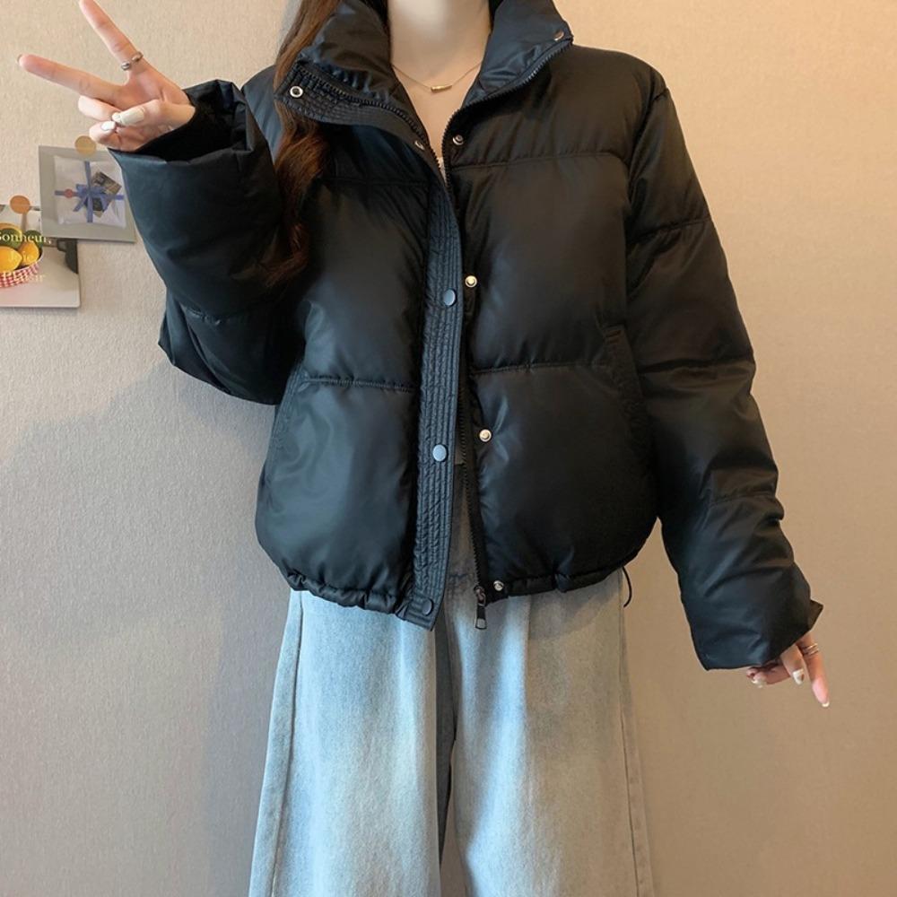 Women's Stand Collar Long Sleeve Cropped Puffer Jacket Loose Fit Casual Winter Warm Padded Coat