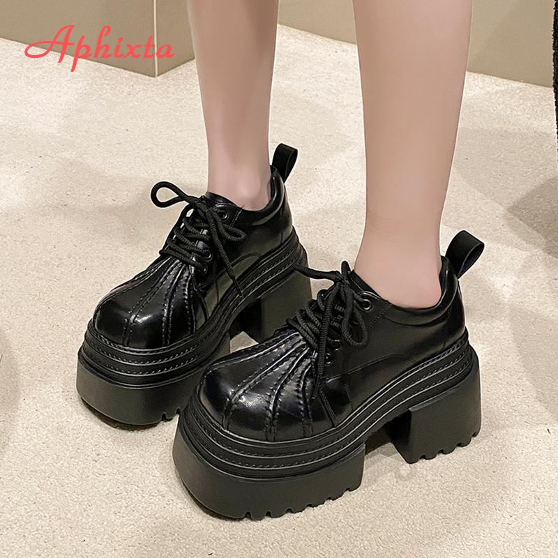 Aphixta 10cm Platform Ankle Boots Black Height Increasing Spring Woman Shoes Leather Thick Botton Sole Modern Boots
