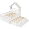 Wooden Platform Bed, House-Shaped, 140 X 200 Cm, with Trundle Bed, 3 Drawers and Safety Rails, White.