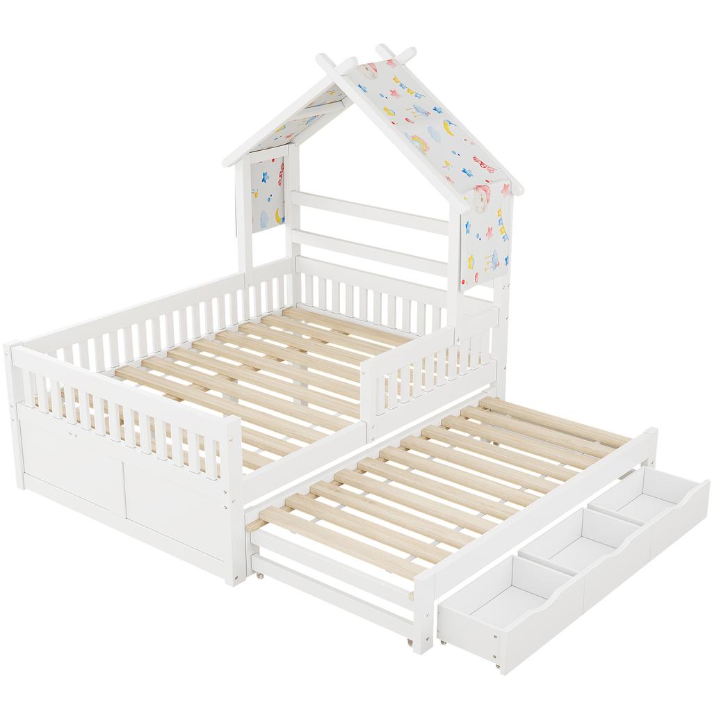 Wooden Platform Bed, House-Shaped, 140 X 200 Cm, with Trundle Bed, 3 Drawers and Safety Rails, White.