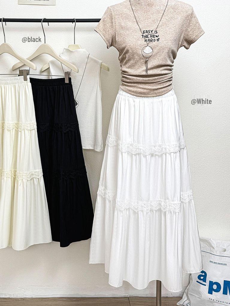 Ballet-Inspired White Lace Patchwork A-line Midi Skirt for Spring/Summer 2026