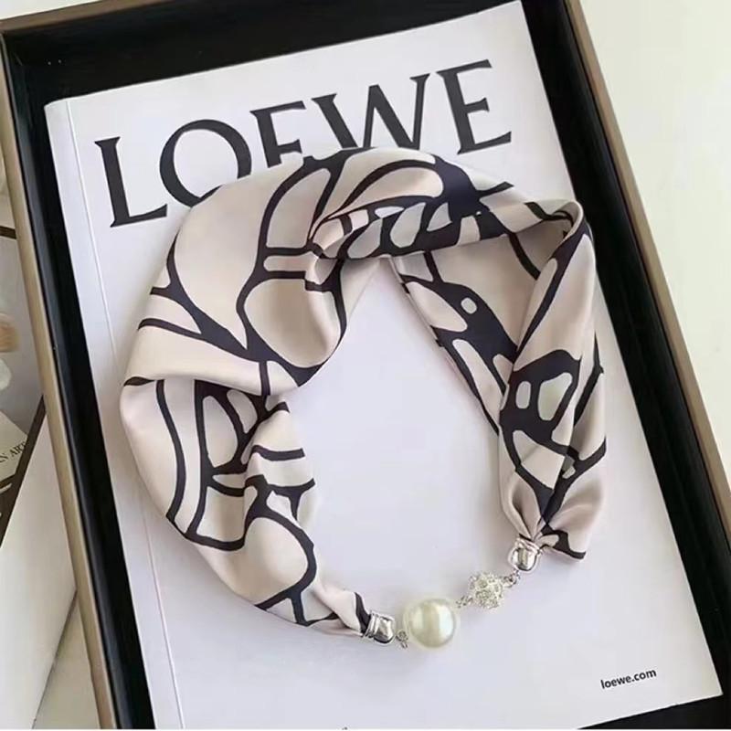 Live Season Magnet Buckle Silk Scarf Women'S Pearl Necklace Long Silk Scarf Headband Decorative Small Scarf