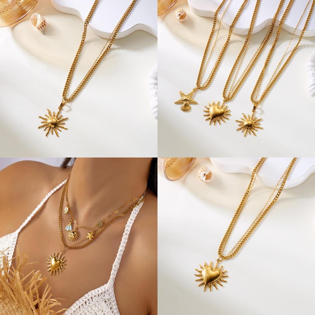 Beach Style Double Layer Stainless Steel Necklace With Starfish Shell And Heart Pendant For Women And Men