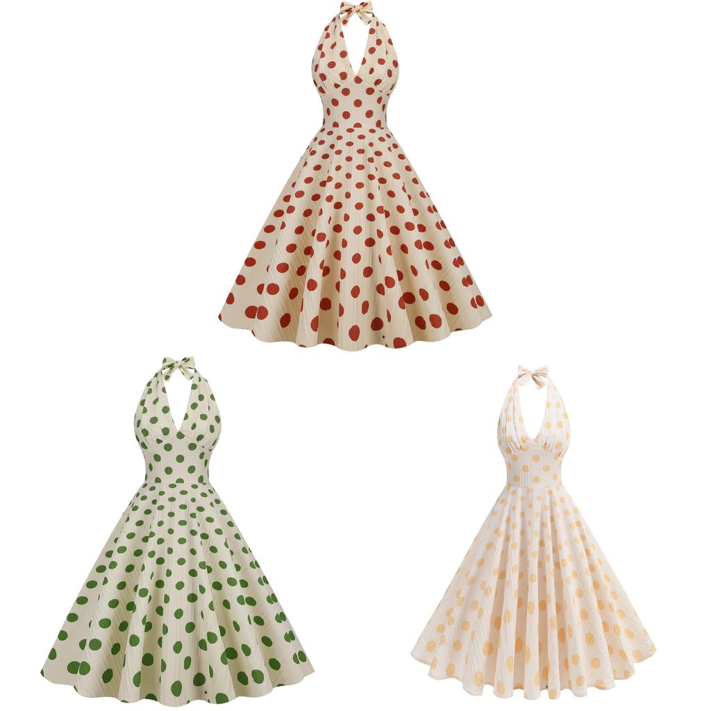 Vintage Polka Dot High Waist Dress With Backless Design For Elegant Summer Events