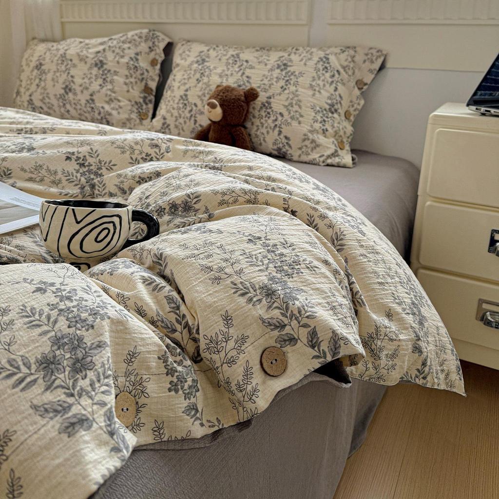 Washed Cotton Linen Floral Button Style Bedding Set (3-Piece)