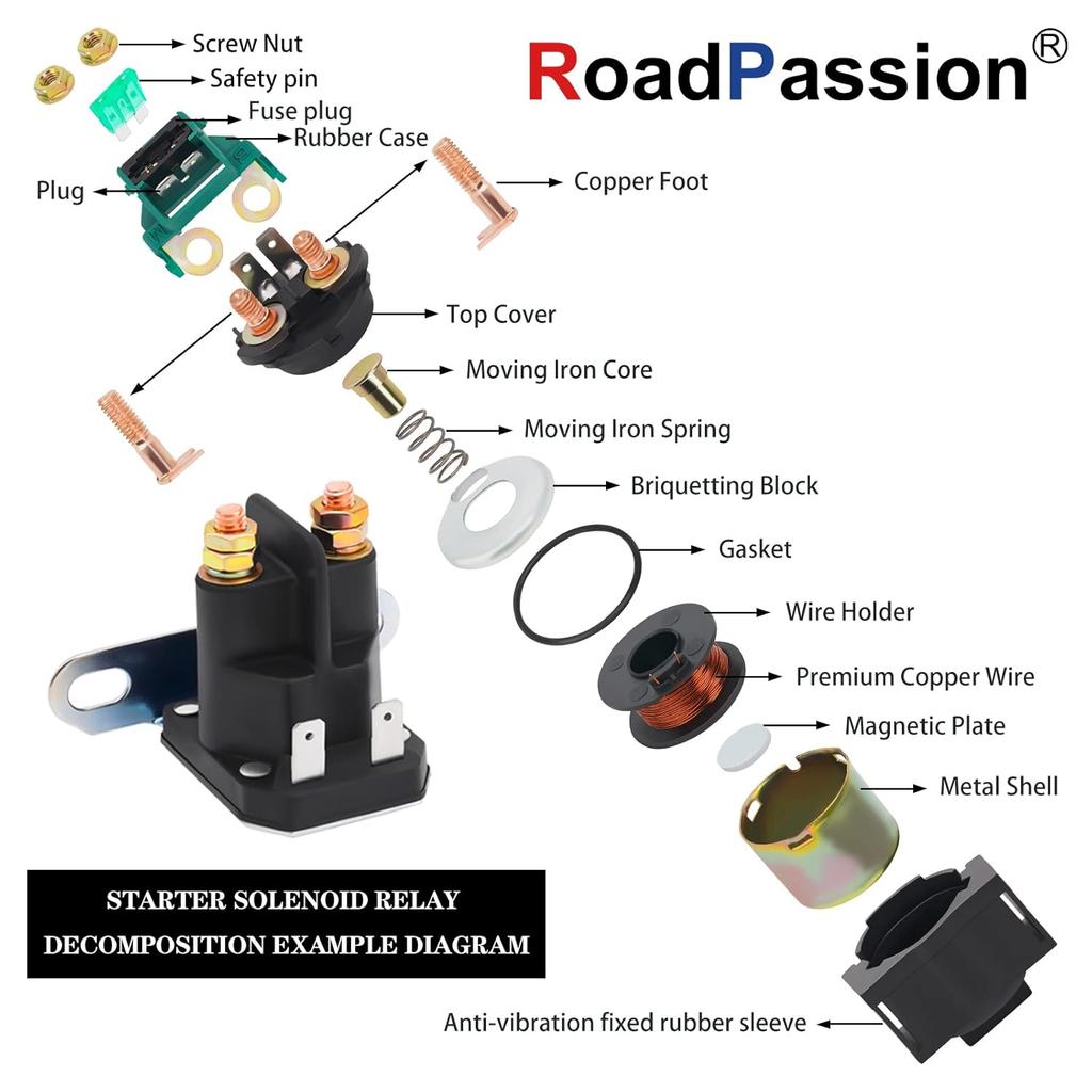 Road Passion Starter Solenoid Relay for X140, Z225, Z425, Z445, Z645; Troy Bilt Big Red Horse, Bronco, Super Bronco, Tuffy