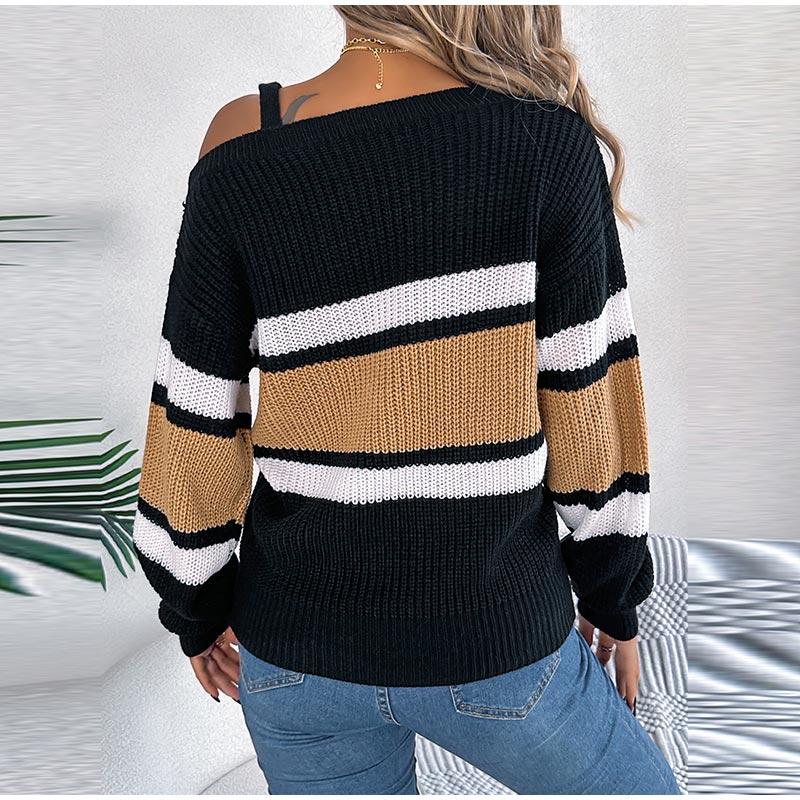 Сексуальный полосатый трикотажный пуловер с вырезом-лодочкой — фото 11