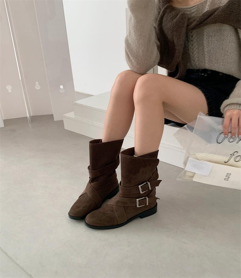 

Coarse Heel Brown Maillard Suede Boots Women s Boots 2025 Autumn/Winter Belt Buckle Cowboy Boots Medium Martin Boots 39 зелёный