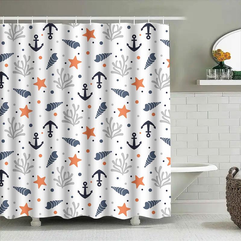 

Marine Life Pattern Shower Curtain Anchor Seashell Blue White Orange Decorative Bath Curtains For Bathroom Size72X84Inches W60H190(CM)-1 Pcs