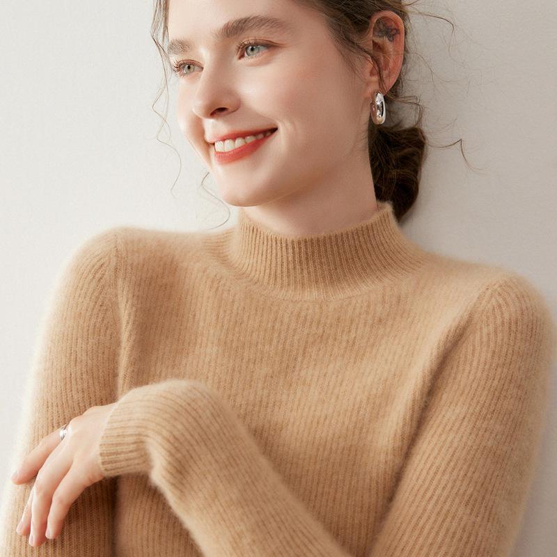 Women's Cashmere Solid Color Half-High Neck Sweater – Thick Knit, Slim Fit, Versatile Autumn/Winter Base Layer Top