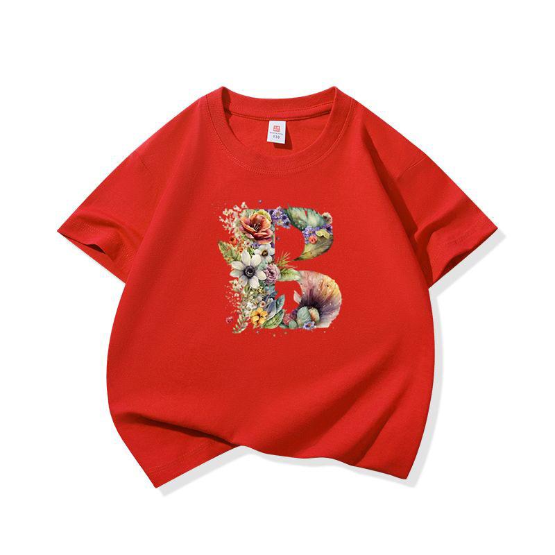 Kids Cotton T Shirt Floral Letter B Print Crew Neck Short Sleeve Tee Casual Boys Girls Summer Tops