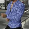 Camisa de Hombre con Cuello Estampado Floral Azul Blanco Diminuto por Todas Partes Manga Larga Botones