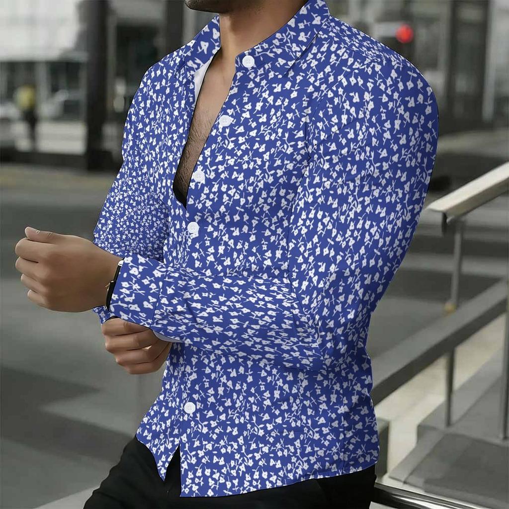 Camisa de Hombre con Cuello Estampado Floral Azul Blanco Diminuto por Todas Partes Manga Larga Botones