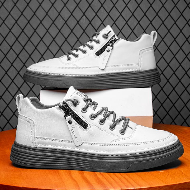 Fashionable zippered leather shoes, comfortable sports shoes, one foot high top leather casual flat ankle boots, men's shoes