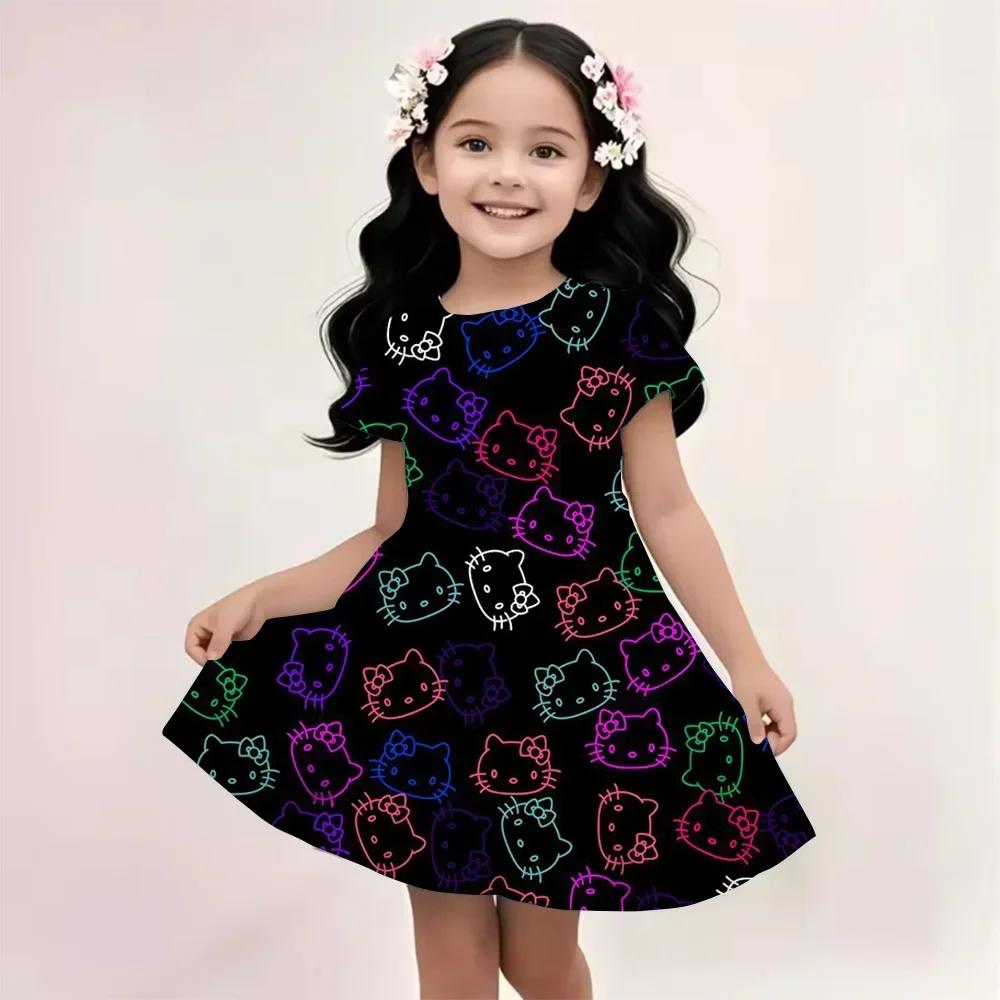 Sanrio Summer Dress Fashion Cartoon Cute Cinnamoroll Hello Kitty 3D Printing Dress Kid Short Sleeve Princess Clothing Kuromi