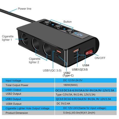 180W Car Charging Adapter Lighter Adapter Splitter Adapter USB Charger with Independent Switches and Voltmeter