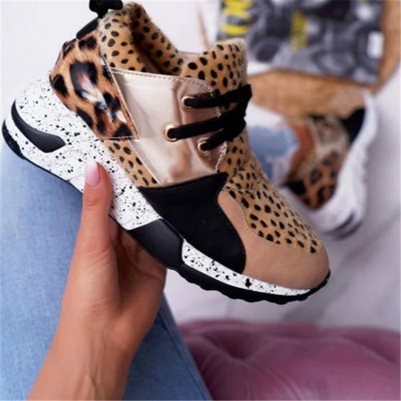 Plus Size fashion Single Shoes Women's New Thick-soled Leopard Print Color-blocked Sneakers Autumn Lace-up Casual Jogging Shoes