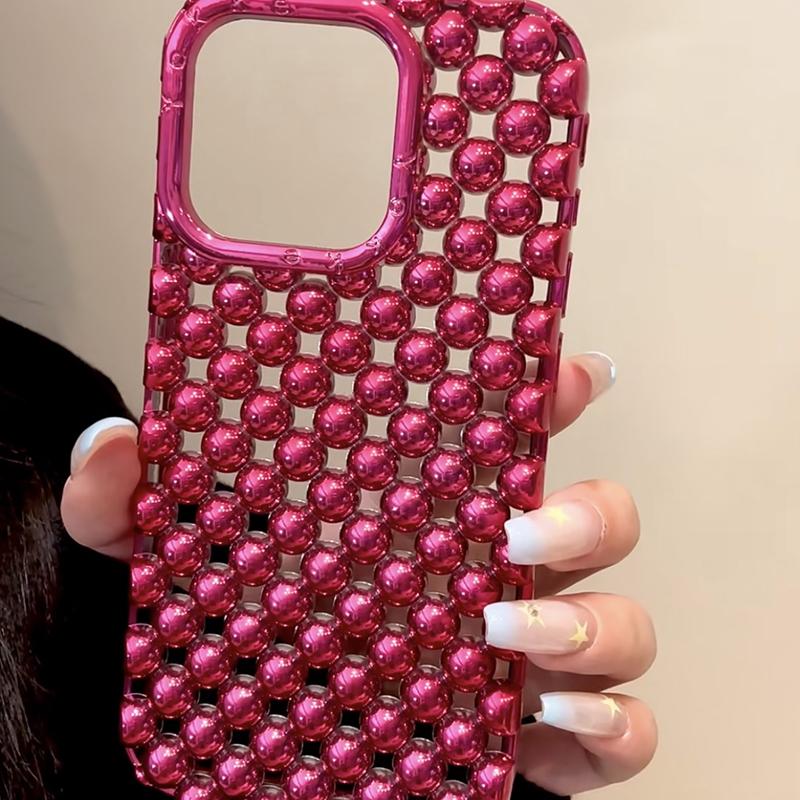 Plating Red Pearl Round Beads Heart Dissipation Case For For Iphone 16 Pro Max 17 Air 1 13 14 Hollow Out Phone Cover