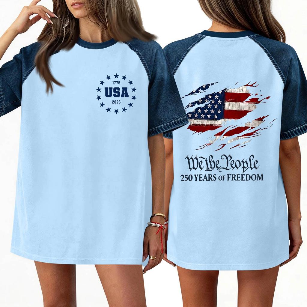 Denim Patchwork Shirts For Women Stand Collar Casual Blouse Short Sleeve Comfy Tshirt Spring Summer Fashion