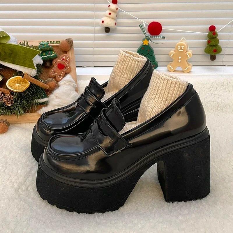 Super High Heels Loafers Frauen 2024 Frühling Patent Leder Chunky Plattform Pumpen Frau Slip Auf Schwarz Jk Uniform Schuhe Mary janes