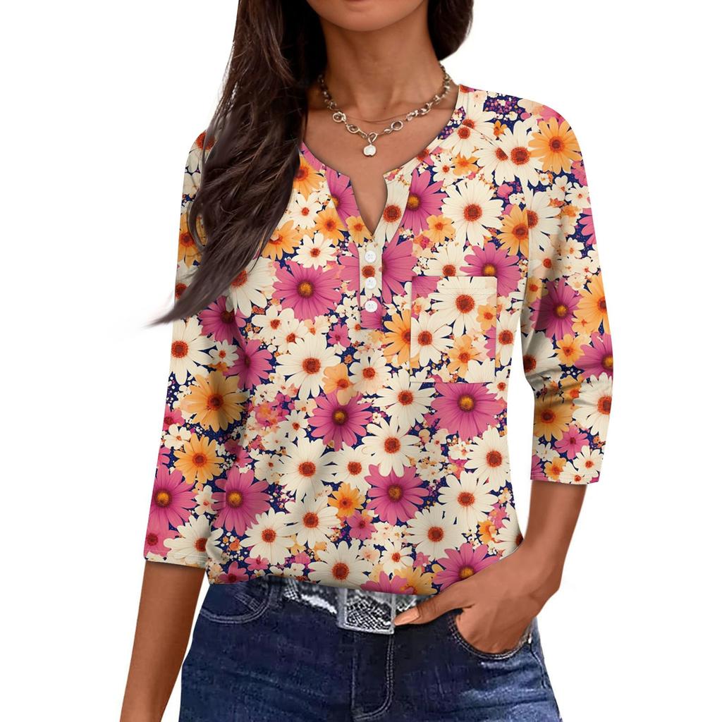 Damska Codzienna Modna Dekolt V Luźna Wszechstronna Kwiatowy Wzór Rękawy Trzyczwarte