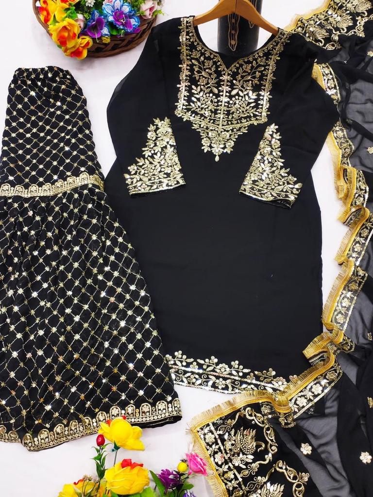 Luxury Black & Gold Heavy Embroidered Sharara Set