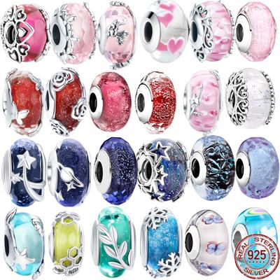 925 Sterling Silver Pink Purple Dark Blue & Star Murano Glass Charms Beads Fit Bracelet Bangle Jewelry