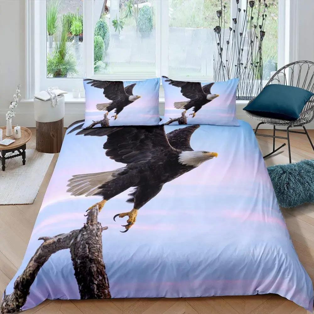 Africa Duvet Cover Set, Aerial View of Bald Eagle Flying USA, Decorative 3 Piece Bedding Set with 2 Pillow Sham, Full King Size