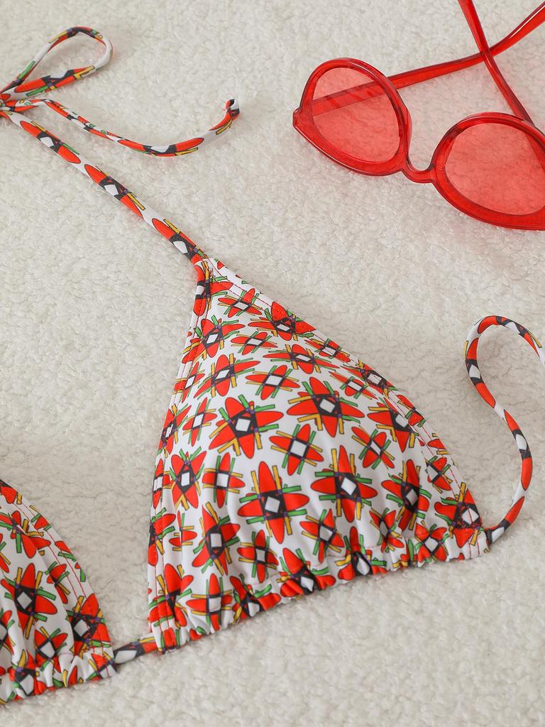 2025 European & American Three-Piece Knitted Bikini Set: Print Halter Neck & Short Skirt Swimwear for Women