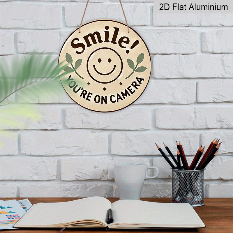 2D Flat, 1pc Round Aluminum Hanging Sign, "Smile You're On Camera" Cute Smiley Face & Leaf Design, Retro Warm Security Warning Metal Sign, Perfect