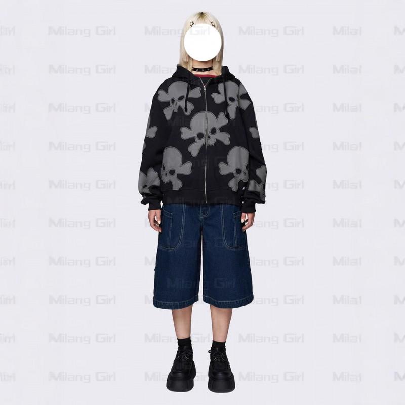 Black Skull Print Oversized Hooded Zip-Up Sweatshirt Streetwear Y2K Gothic Punk Unisex Long Sleeve