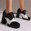 Plus Size Glitter Patchwork PU Lace Up High Heels Square Toe Waterproof Platform Ultra-High Thick Heel Breathable Women's Pumps