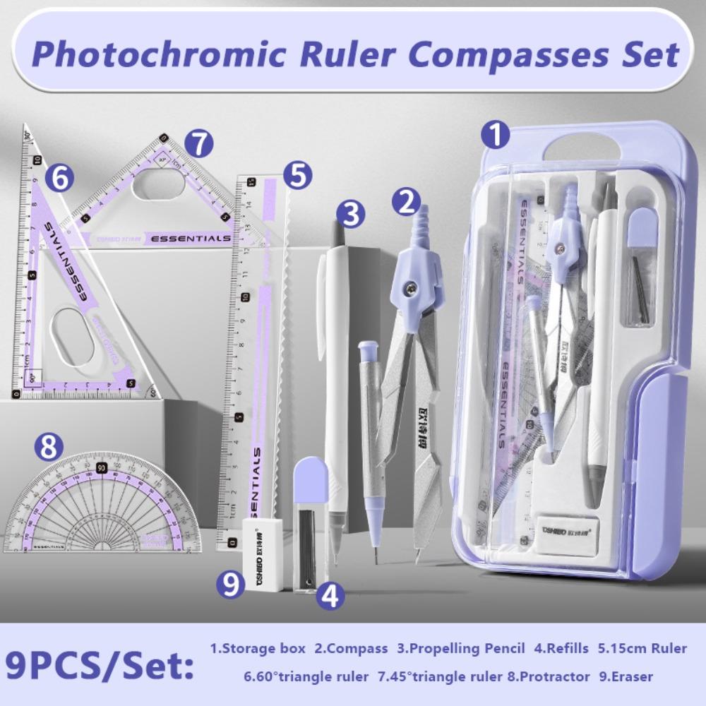 9PCS/Set Propelling Pencil Stationery Ruler Set Plastic Protractor Drawing Tool  Students