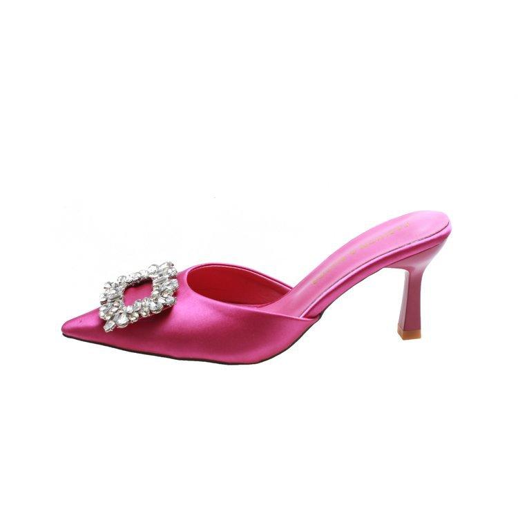 Rhinestone Square Buckle Pointed Head Baotou Half Drag Thin Heel Cool Slippers